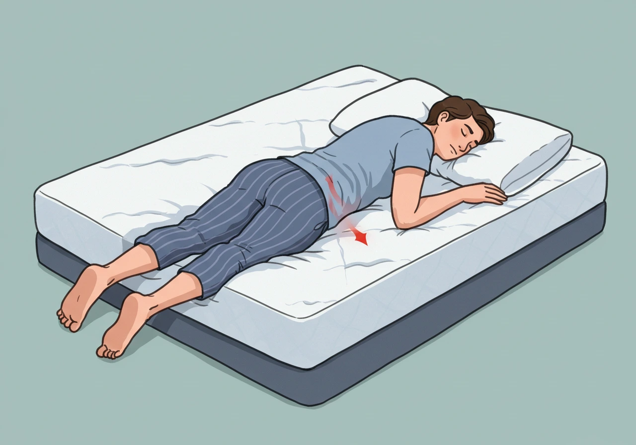 نقش تشک در پیشگیری از کمردردهای مزمن: راهنمای انتخاب تشک بر اساس آناتومی بدن 2 فردی پوشیده روی تشک سفت، با ستون فقرات نامناسب و نقاط فشار در کمر