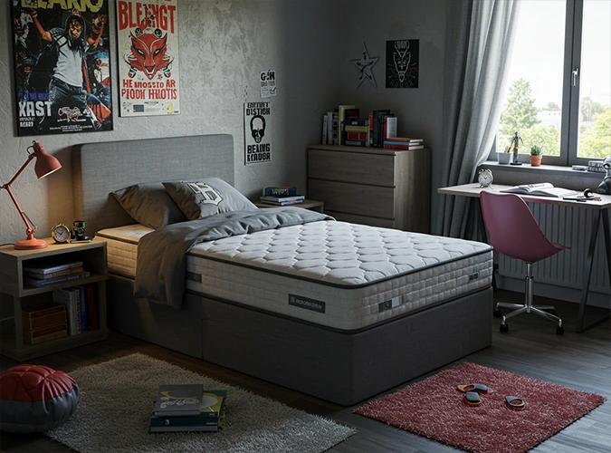 اتاق خواب مدرن نوجوان با تخت و تشک راحت و محیطی پرانرژی