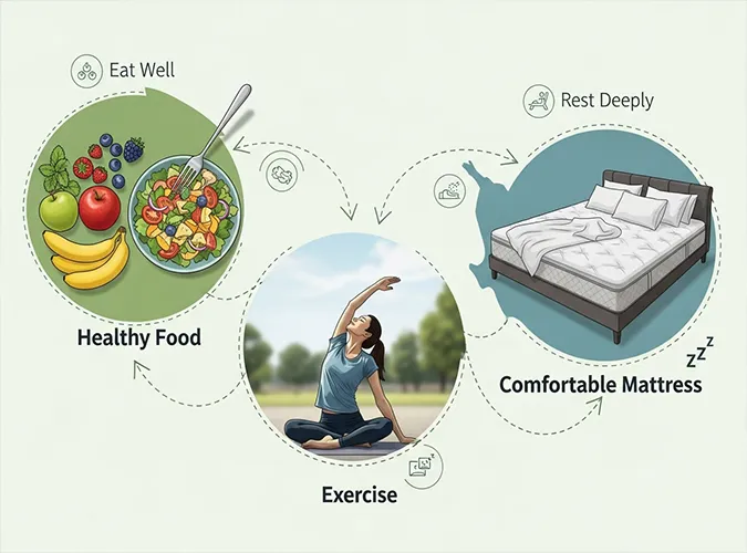 گرافیک نقشه راه خواب سالم، نشان‌دهنده ارتباط رژیم غذایی، ورزش و تشک