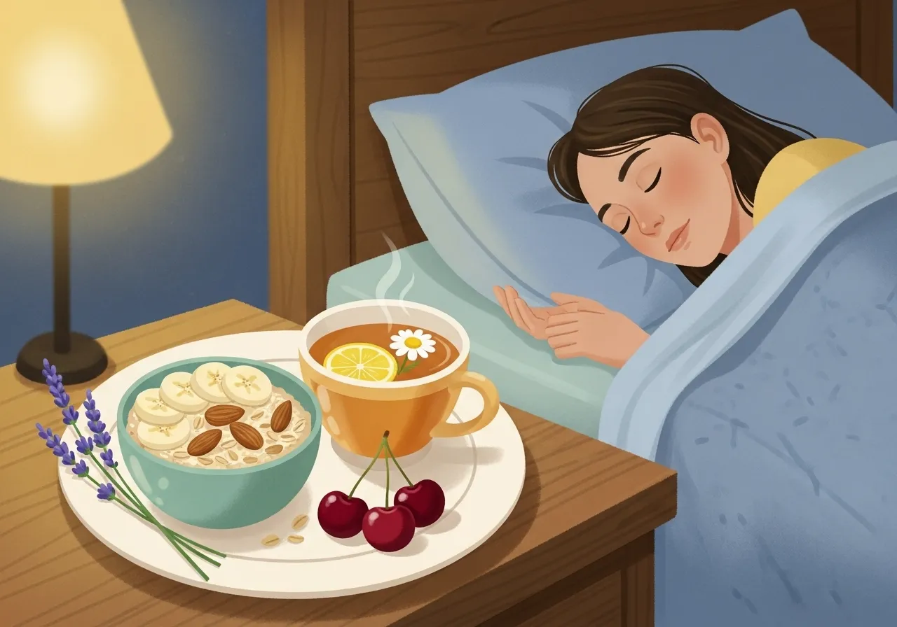 نقشه راه خواب سالم: چگونه با رژیم غذایی، ورزش و تشک مناسب، روتین خواب خود را متحول کنیم؟ 2 بشقاب غذای سالم در کنار فرد خوابیده، نشاندهنده تاثیر تغذیه بر آرامش خواب