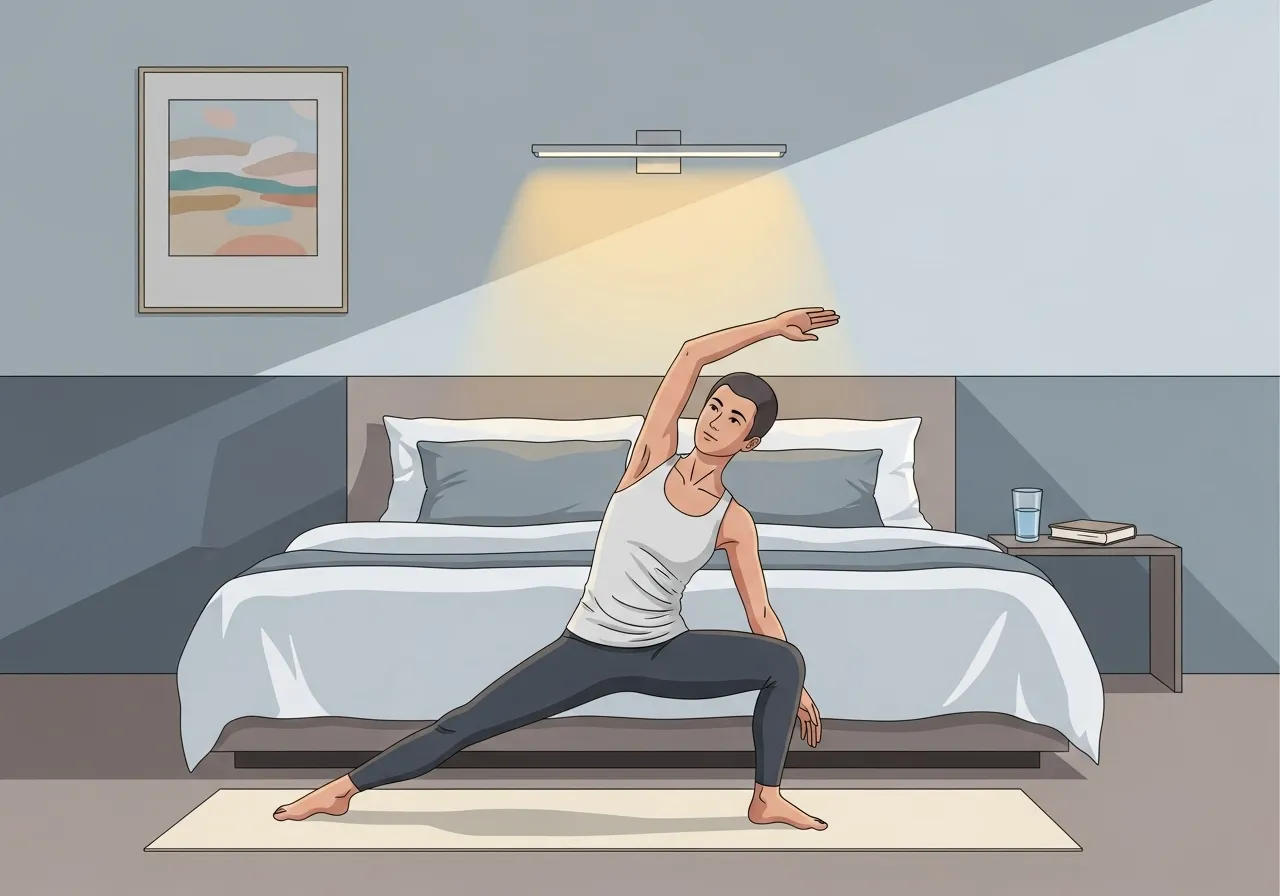 نقشه راه خواب سالم: چگونه با رژیم غذایی، ورزش و تشک مناسب، روتین خواب خود را متحول کنیم؟ 3 فردی در حال انجام حرکات کششی در اتاق خواب، نشاندهنده آمادگی بدن برای استراحت