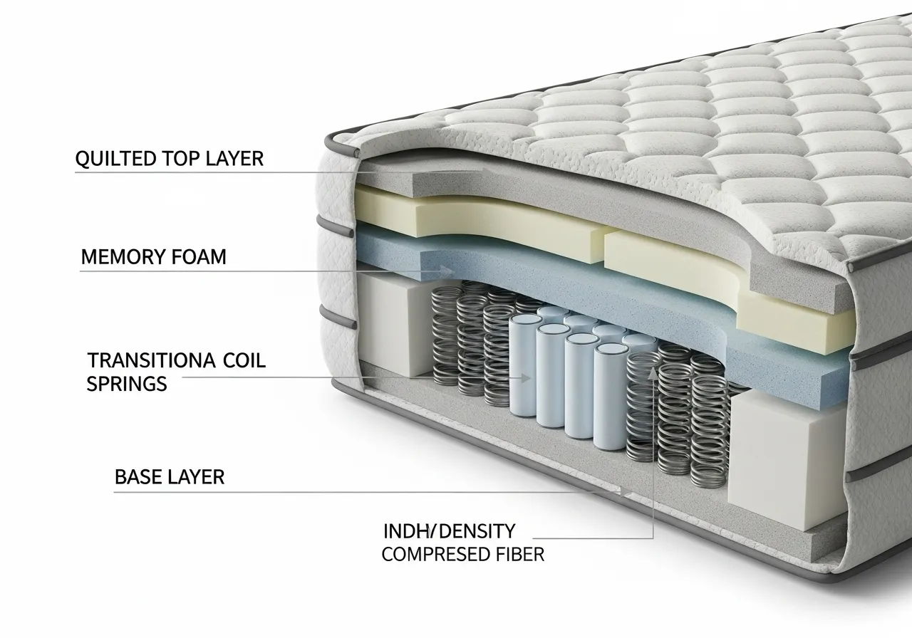 نقشه راه خواب سالم: چگونه با رژیم غذایی، ورزش و تشک مناسب، روتین خواب خود را متحول کنیم؟ 4 نمای برشخورده از لایههای داخلی تشک، نمایشگر کیفیت و پشتیبانی برای خواب بهتر