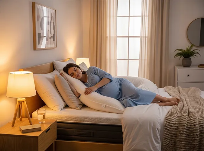 زن باردار در حال استراحت روی تشک حمایتی و بالش بارداری، نشان‌دهنده خواب راحت