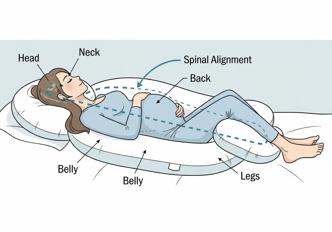 خواب راحت در دوران بارداری: راهنمای انتخاب تشک و بالش مناسب برای مادران آینده 3 دیاگرام استفاده صحیح از بالش بارداری برای حمایت از کمر، شکم و پاها