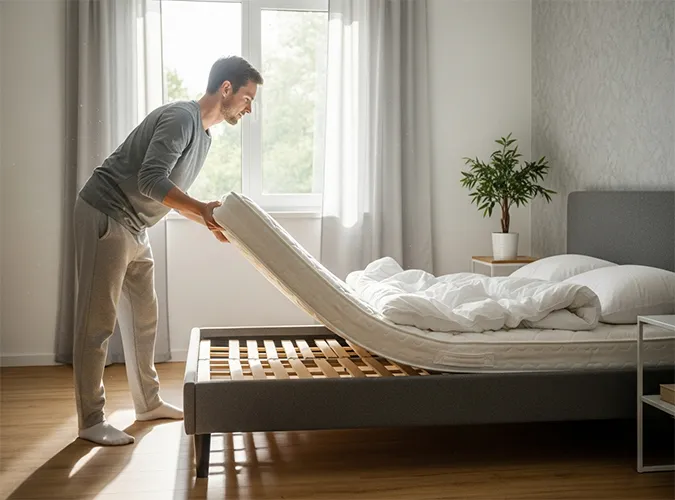 فردی در حال چرخاندن تشک، نشان‌دهنده نگهداری صحیح و افزایش عمر مفید