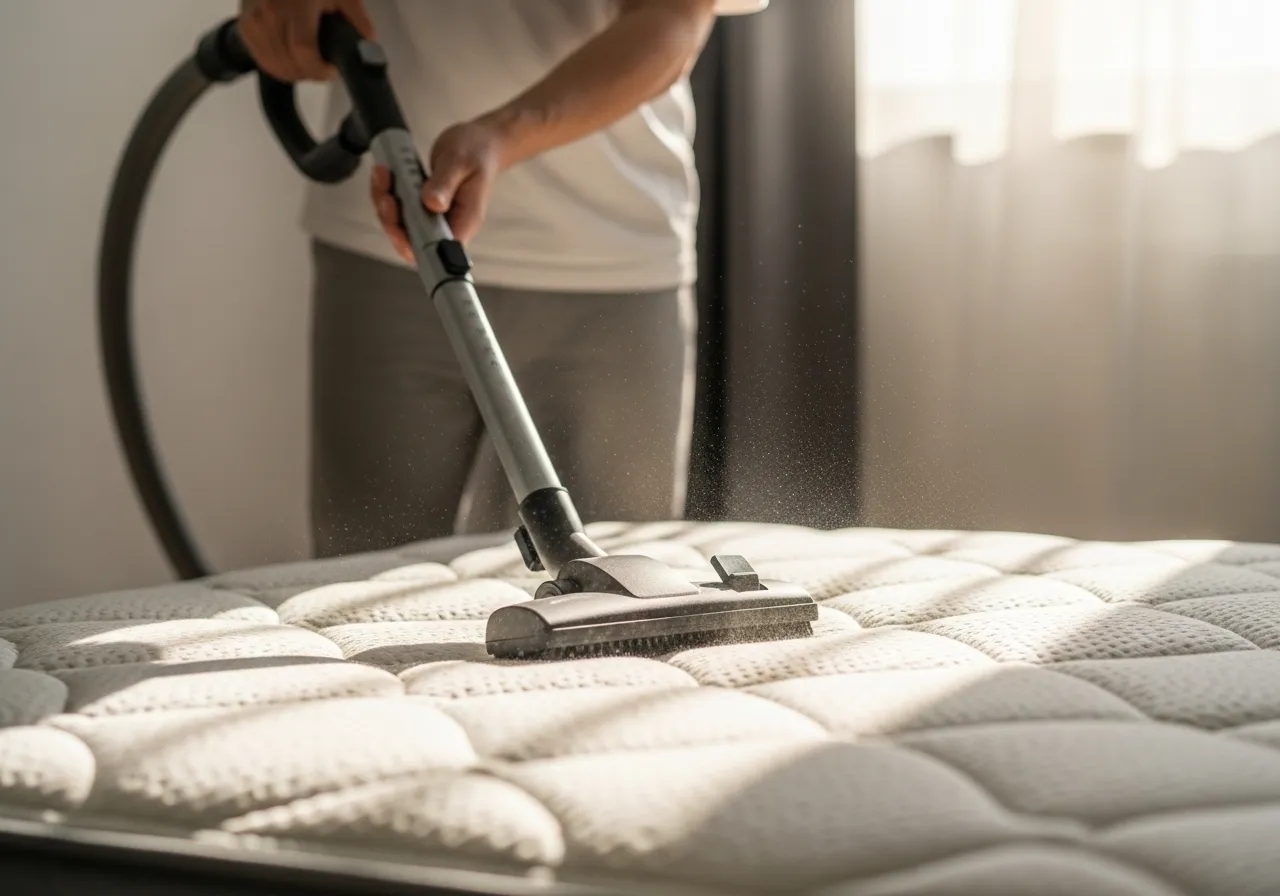 چگونه از تشک خود به درستی نگهداری کنیم تا عمر آن 10 سال بیشتر شود؟ 3 تمیز کردن سطح تشک با جاروبرقی برای از بین بردن گرد و غبار و آلودگیها