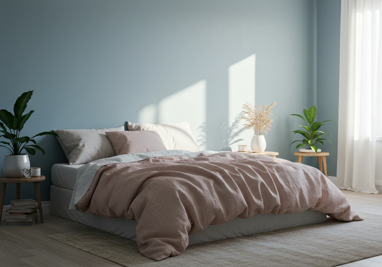 راهنمای جامع چیدمان فنگشویی اتاق خواب: چگونه با انرژی مثبت، خوابی عمیقتر داشته باشیم؟ 2 اتاق خوابی با چیدمان مینیمال بر اساس فنگشویی، دارای رنگهای آرامشبخش، تخت در موقعیت فرماندهی و گیاهان سبز