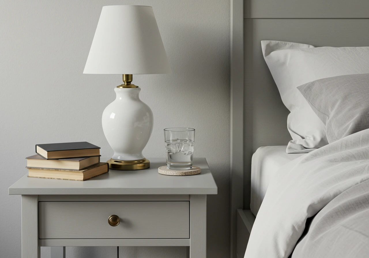 راهنمای جامع چیدمان فنگشویی اتاق خواب: چگونه با انرژی مثبت، خوابی عمیقتر داشته باشیم؟ 3 میز پاتختی ساده با یک چراغ با نور گرم، کتاب و لیوان آب، بدون وسایل الکترونیکی برای بهبود کیفیت خواب