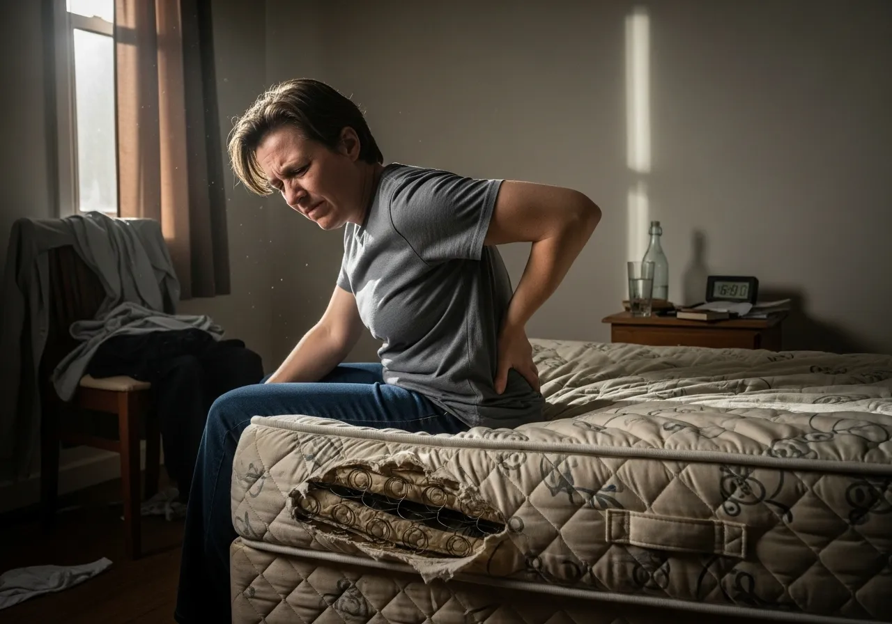 10 اشتباه رایج در خرید جهیزیه که باید از آنها اجتناب کنید 4 فردی در حال بیدار شدن با کمردرد روی یک تشک قدیمی و گودافتاده، نشاندهنده عواقب انتخاب تشک نامناسب