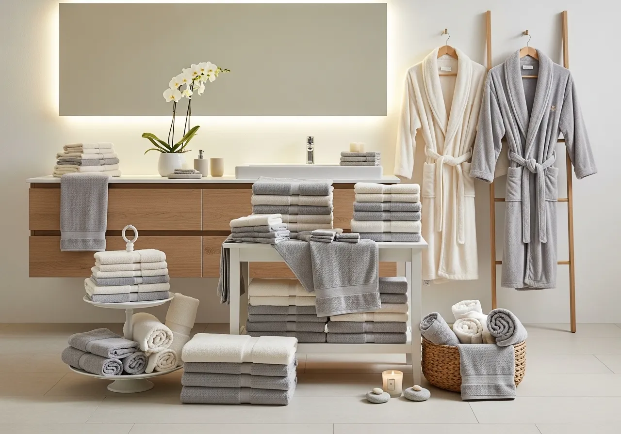 چک لیست کامل جهیزیه: اقلام ضروری و نکات کلیدی برای یک خرید هوشمندانه 4 چیدمان شیک و زیبا از حولهها و تنپوشهای باکیفیت در محیط حمام، با حسی شبیه به اسپا