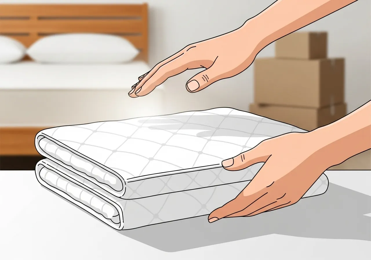 چک لیست کامل جهیزیه: اقلام ضروری و نکات کلیدی برای یک خرید هوشمندانه 5 تصویر آموزشی از دو دست در حال تا کردن محافظ تشک، تأکید بر نگهداری از کالای خواب جدید