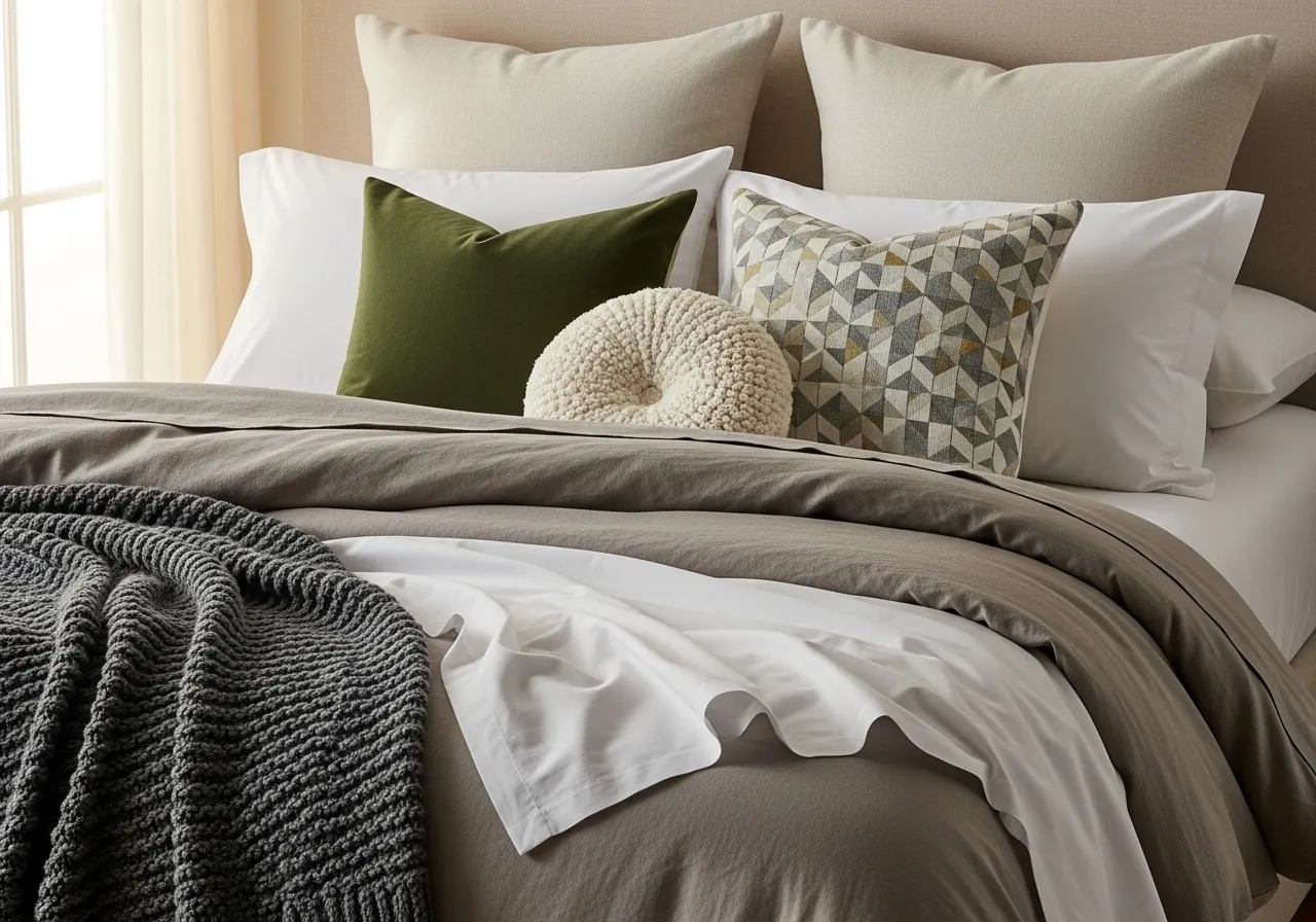 چک لیست کامل جهیزیه: اقلام ضروری و نکات کلیدی برای یک خرید هوشمندانه 3 چیدمان لوکس و هماهنگ کالای خواب و بالشهای باکیفیت، نمایشگر بافتها و رنگهای جذاب