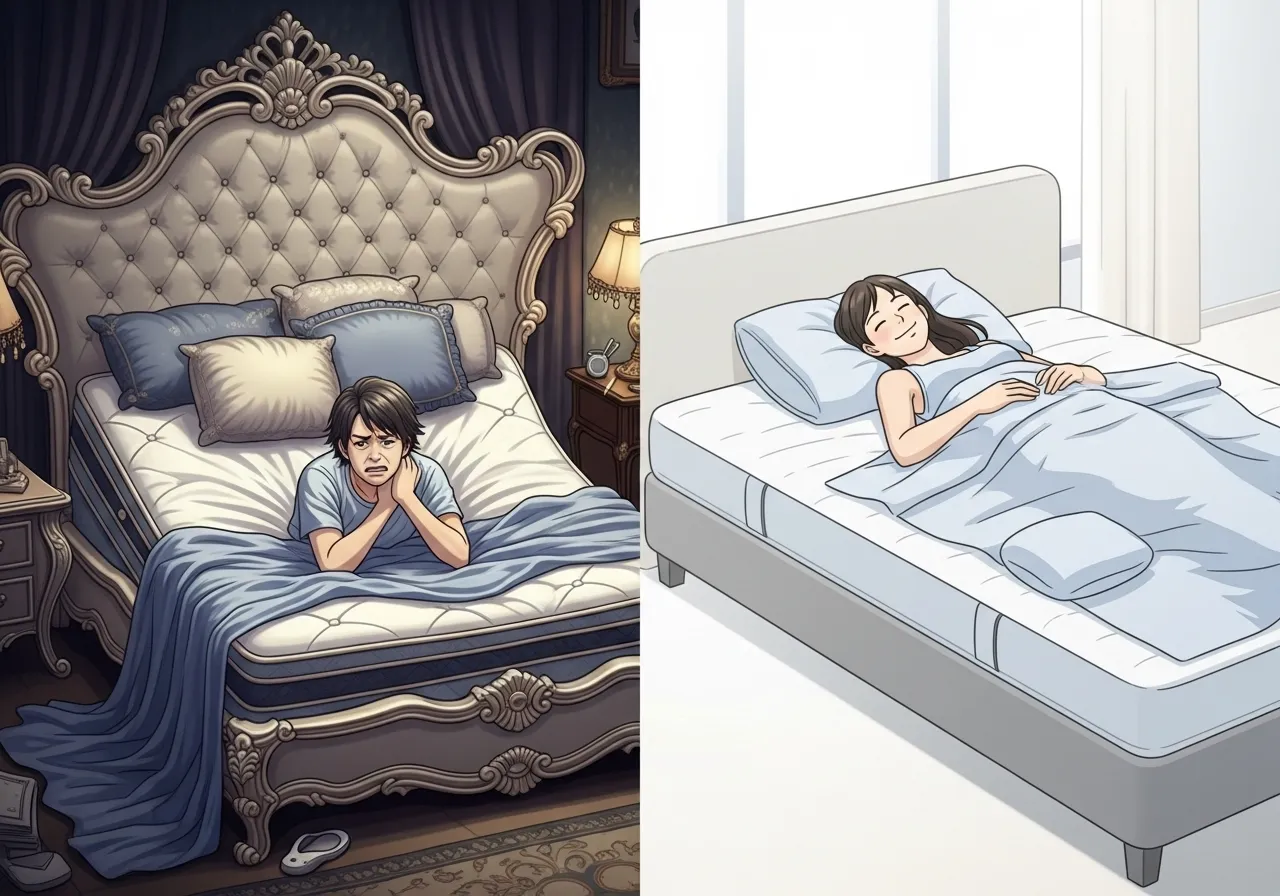 10 اشتباه رایج در خرید جهیزیه که باید از آنها اجتناب کنید 3 تصویر مقایسهای از تخت زیبا و بیکیفیت در مقابل تخت ساده و با تشک باکیفیت برای جهیزیه