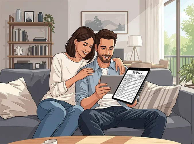 تصویر یک زوج در حال برنامه‌ریزی بودجه جهیزیه با یک چک لیست و تبلت، نشان‌دهنده خریدی هوشمندانه