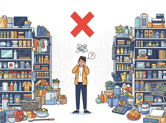 گرافیکی از فردی گیج در محیط خرید، با نماد احتیاط، نشان‌دهنده اجتناب از اشتباهات رایج در خرید جهیزیه