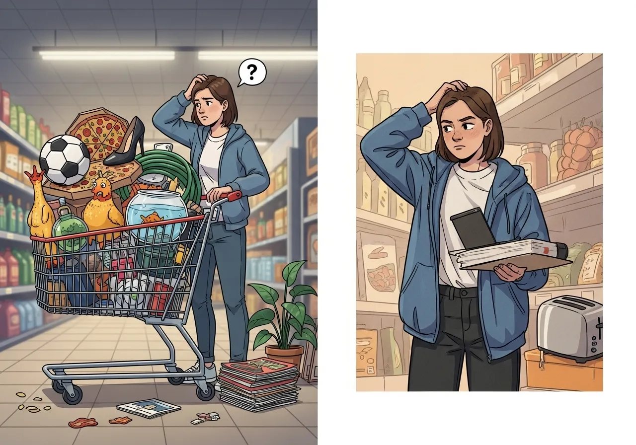 10 اشتباه رایج در خرید جهیزیه که باید از آنها اجتناب کنید 2 تصویر مقایسهای از خرید نامنظم و خرید با چک لیست مرتب، نشاندهنده اهمیت برنامهریزی در خرید جهیزیه